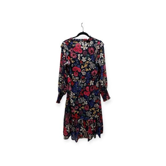 AQUA Floral Print Smocked Midi Dress M Red Ruffles Romantic Whimsical V Neck 404 - Picture 2 of 9